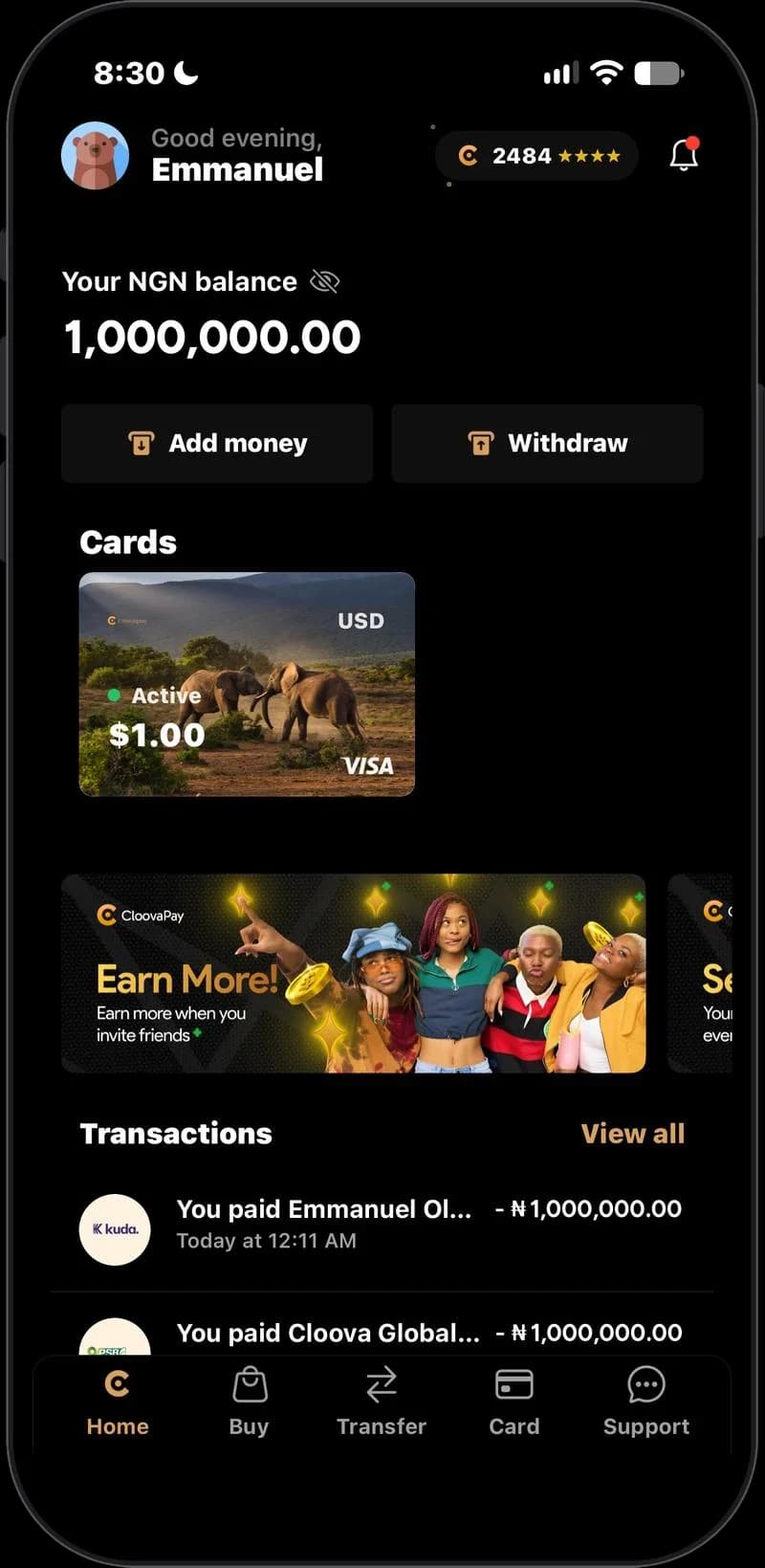 The CloovaPay app home screen with wallet balance, a USD virtual card and recent transactions